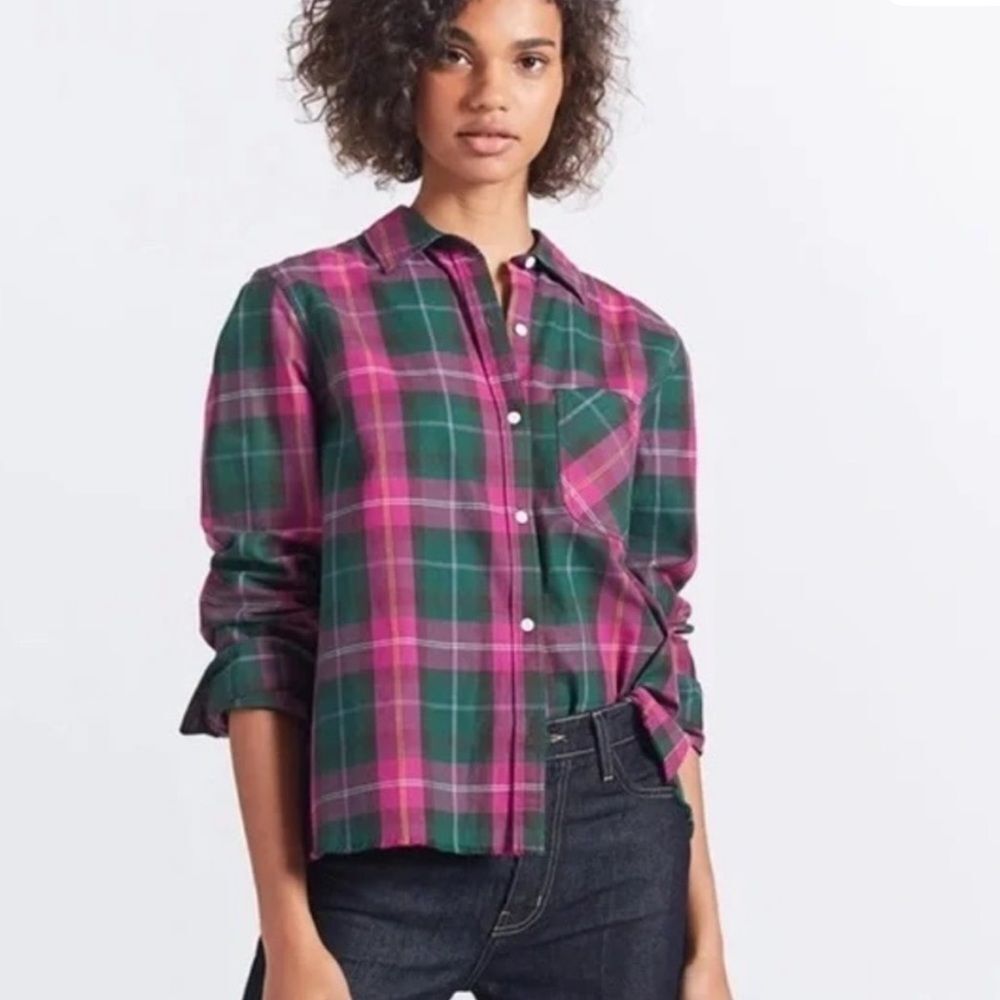 Current/Elliott Pink and Green Plaid Shirt oversized cropped